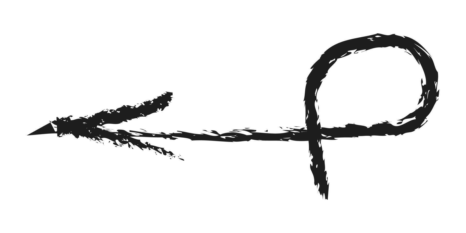 Left arrow with a curled tip. Hand drawn charcoal arrow. vector