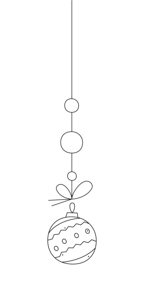 Christmas ball with a zigzag pattern and circles on a string. Black and white clipart illustration. vector