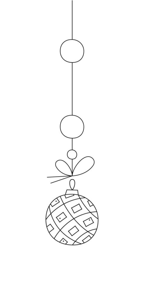 Striped Christmas ball with quadrangles on a string. Black and white clipart illustration. vector
