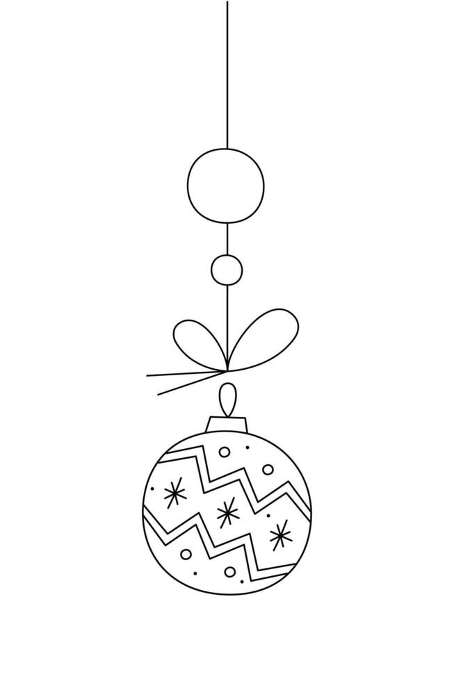 Christmas ball with a zigzag pattern of snowflakes on a string. Black and white clipart illustration. vector