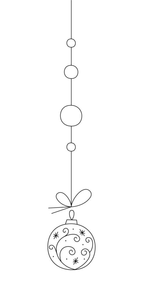 Christmas ball with pattern and snowflakes on a string. Black and white clipart illustration. vector