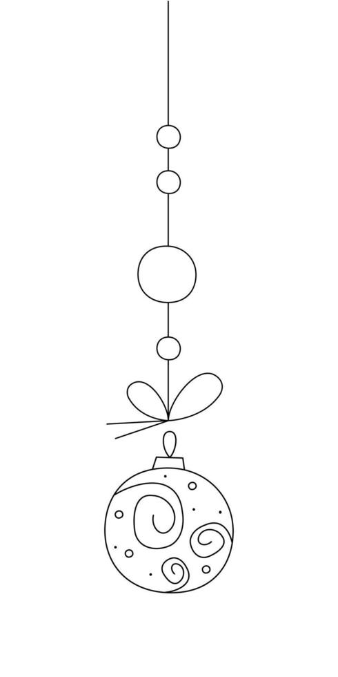Christmas ball with a spiral pattern on a string. Black and white clipart illustration. vector