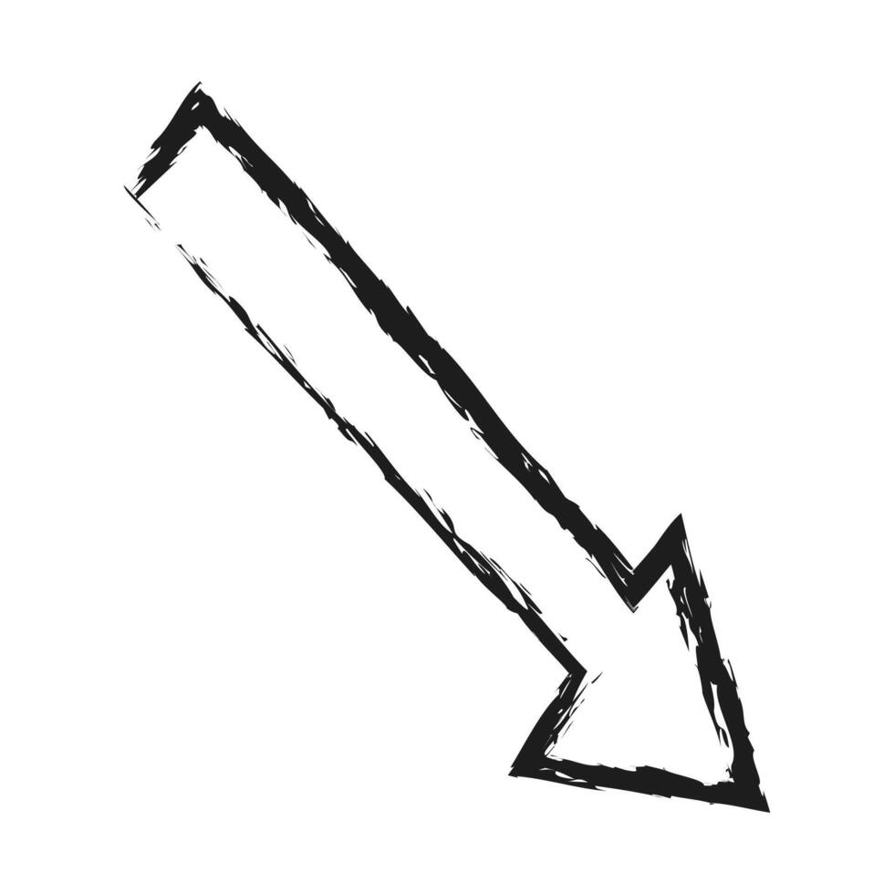 Contour thick arrow down right. Hand drawn charcoal arrow. vector