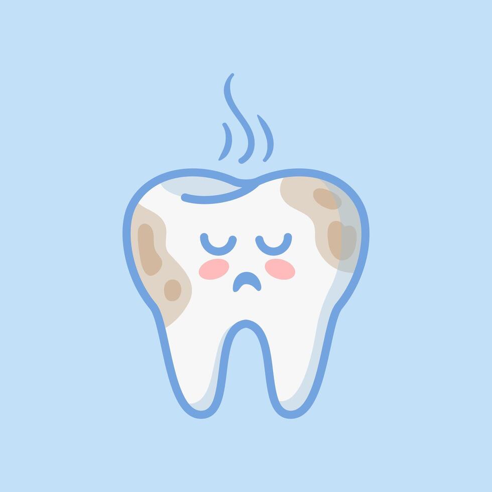 A cute, sad tooth character in a coffee coating, created in kawaii style. This flat design illustration is perfect for stickers, books, or as a design element, ideal for medical brochures. vector