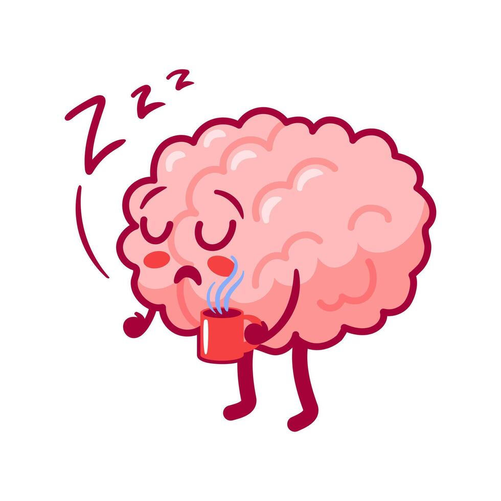 Sleepy brain with a mug of coffee. Cute tired character in kawaii style. Healthy organ, nervous system. illustration, flat style. mental health. Training, back to school. Cognitive function vector
