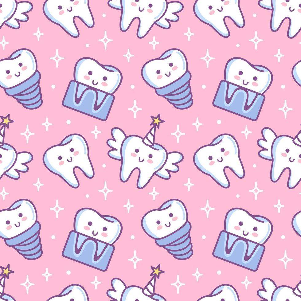 Tooth fairy, x-ray, implant. seamless pattern. Cute cartoon characters in kawaii style. Healthy organ, digestive system. illustration. Health problems. For textile, wallpaper, background. vector