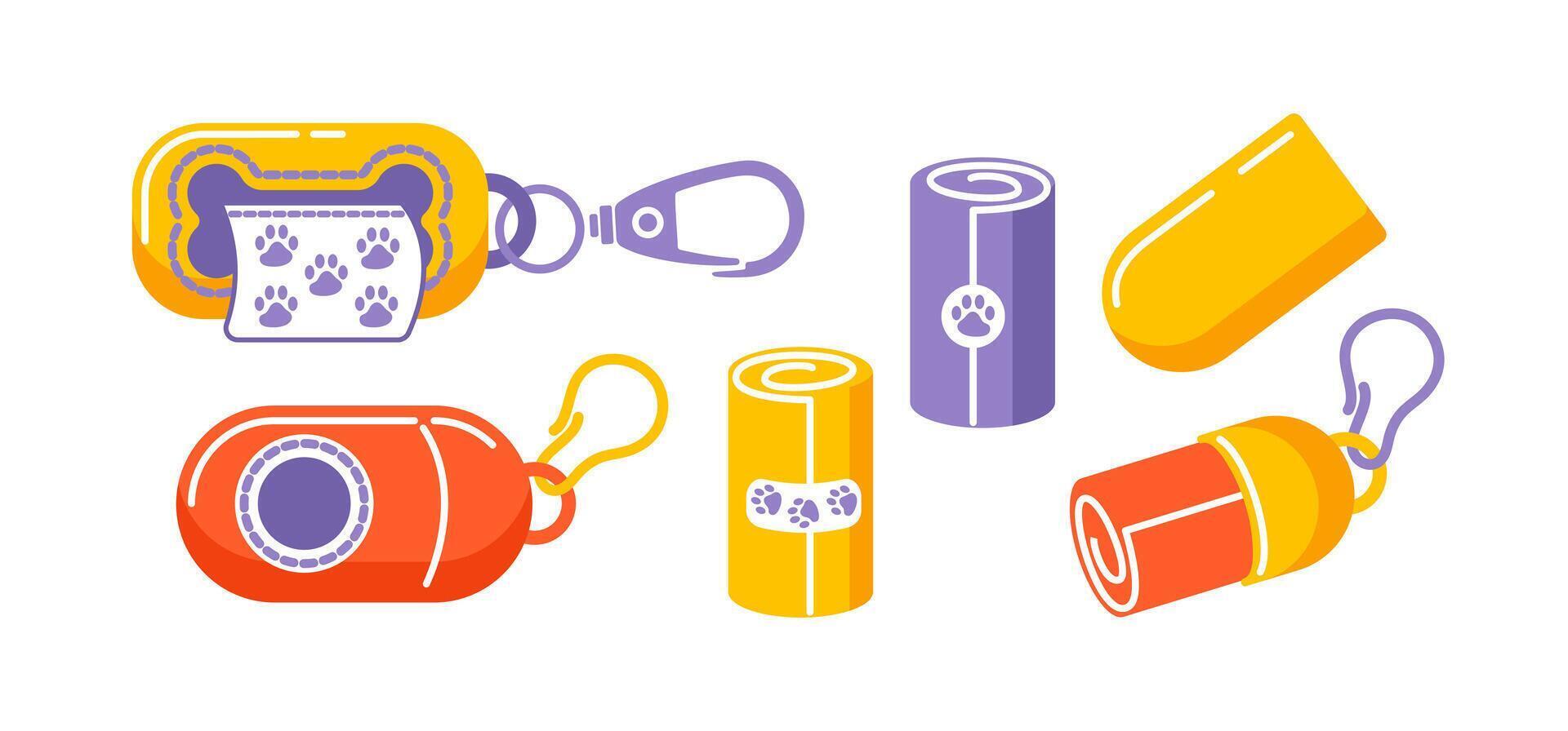 Set of dog waste bags with a holder. Packaged for easy disposal of dog poop. Features a playful, cartoon-style design in a flat illustration. Ideal for pet owners seeking convenience and cleanliness. vector