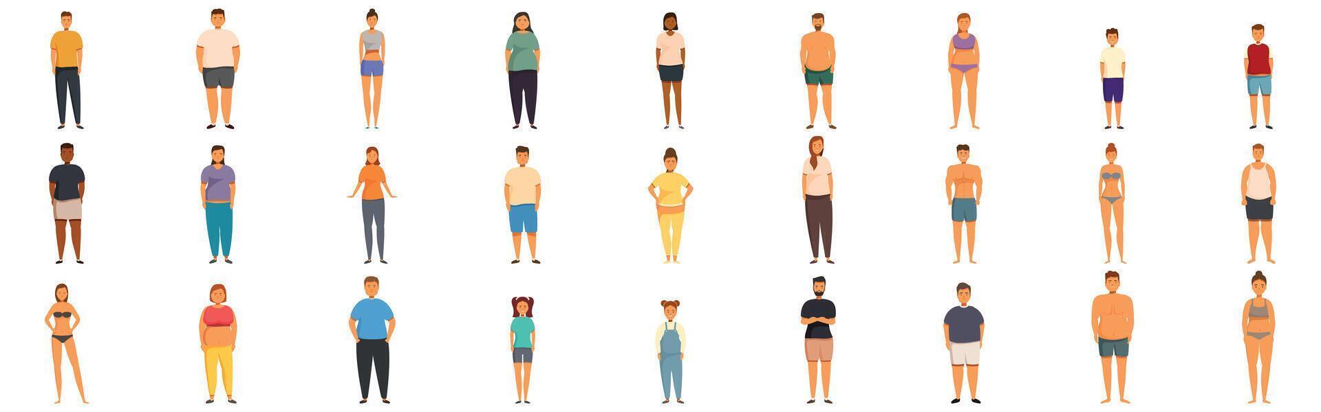BMI icons set. Overweight people posing showing body positivity and diversity vector