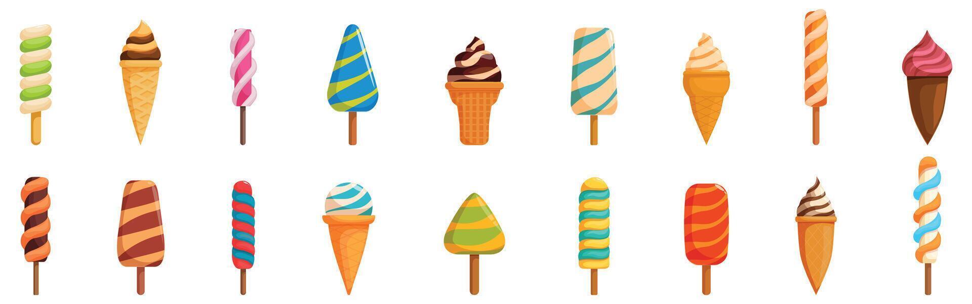 Spiral ice cream icons set. Colorful ice cream and popsicles bringing summer refreshment vector