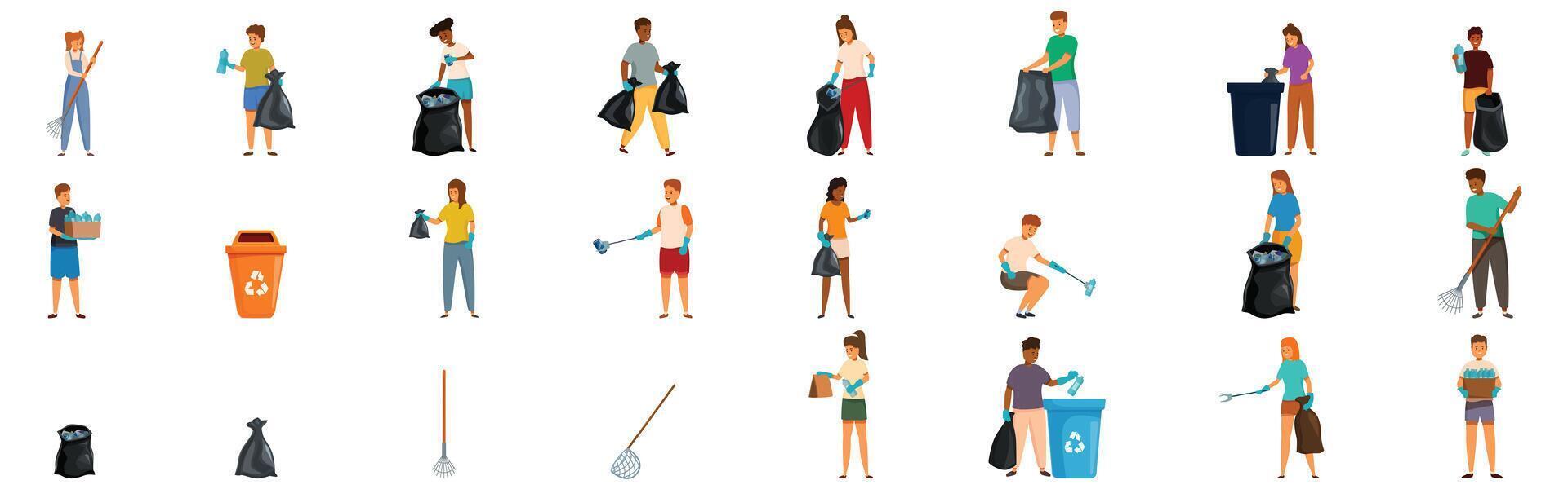 Children collecting trash icons set. Volunteers collecting and sorting garbage for recycling, promoting environmental awareness vector