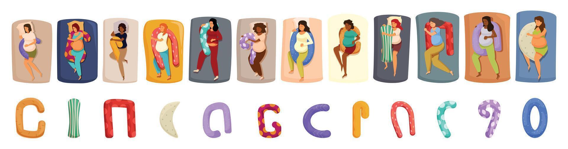 Pregnancy cushion icons set. Pregnant women sleeping comfortably using maternity pillows of different shapes vector