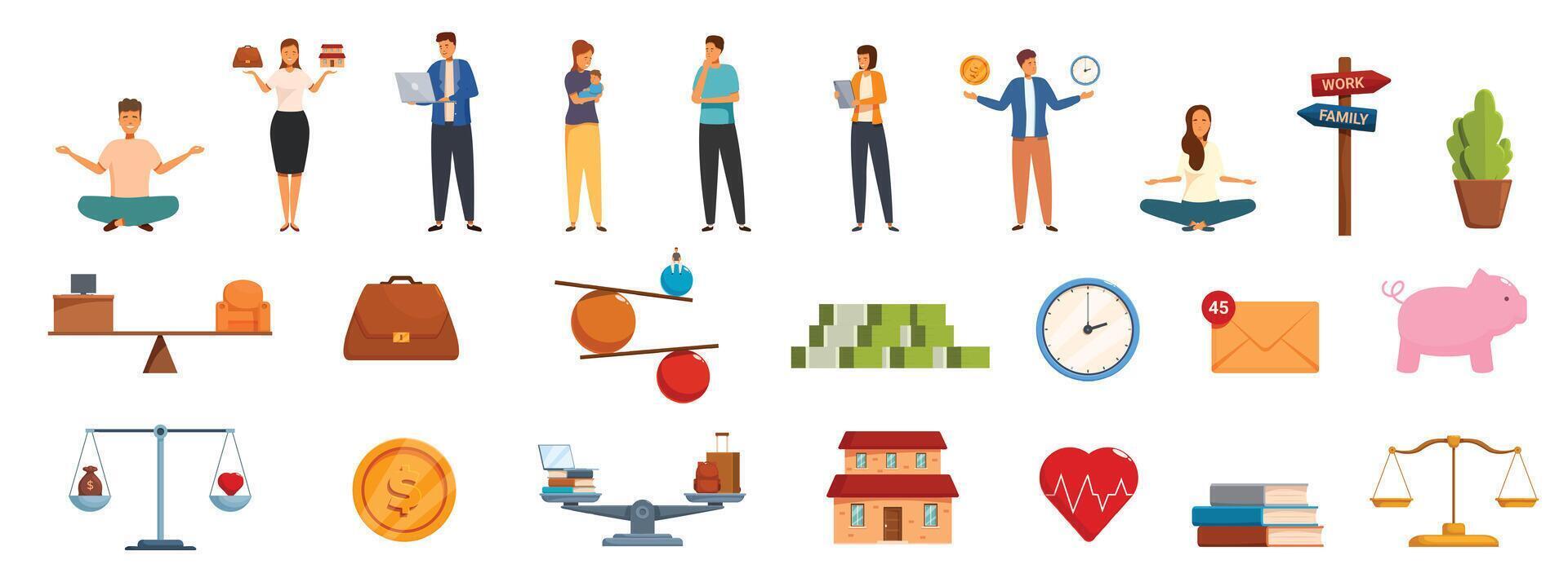 Work life balance icons set. People balancing work, family, health, money, and personal life, finding equilibrium in a busy world vector