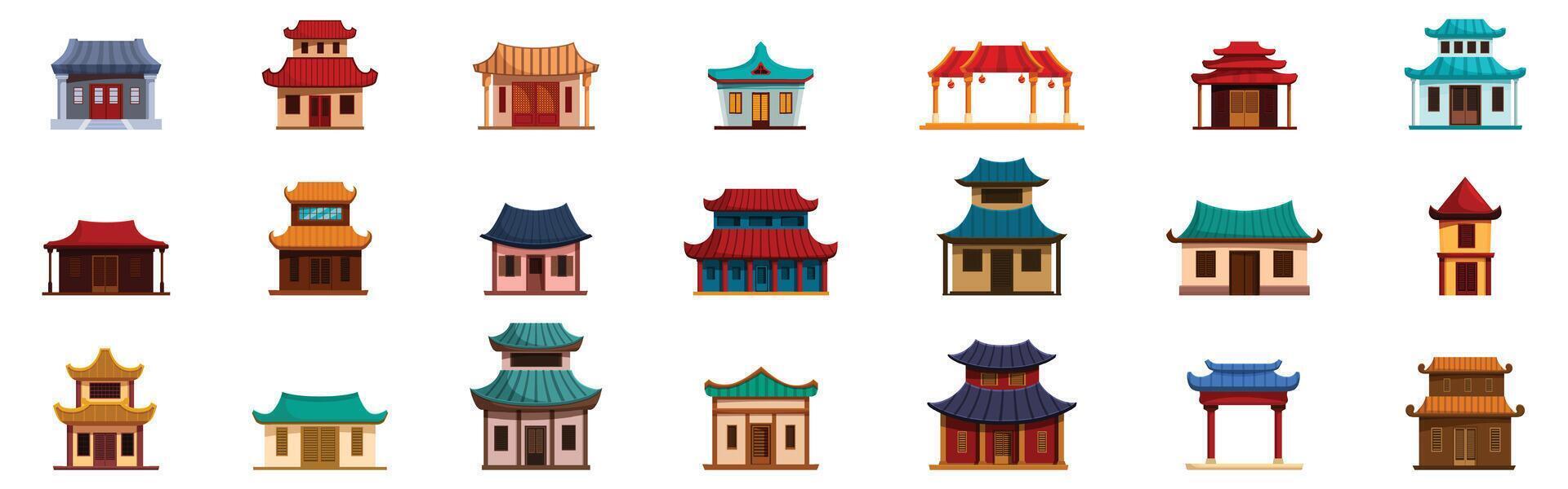 Traditional chinese house icons set. Collection of traditional asian buildings representing eastern architecture vector