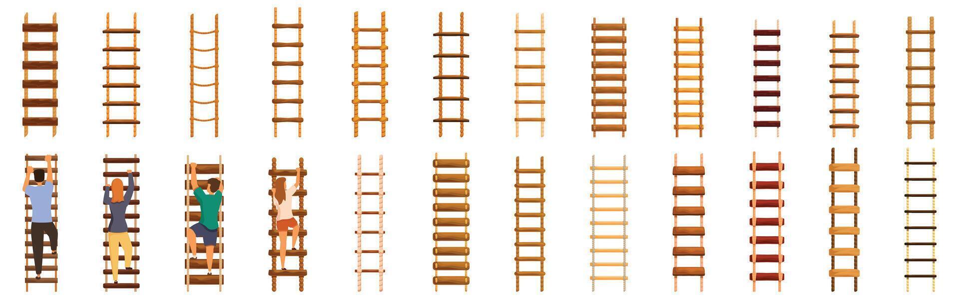 Rope ladder icons set. People climbing wooden ladders, achieving goals and overcoming obstacles vector