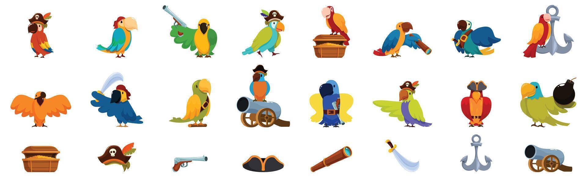 Pirate parrot icons set. Pirate parrots posing with treasure chests, cannons, swords and eye patches, vector