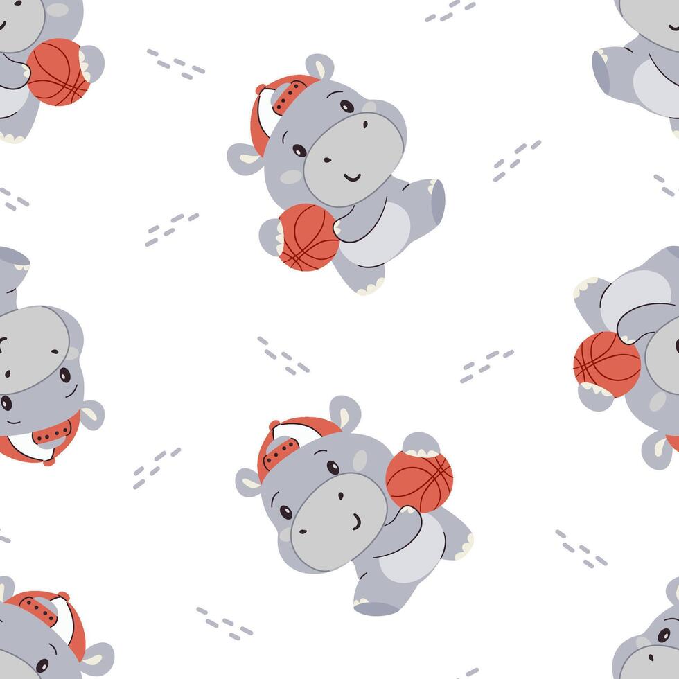 Seamless pattern for children's products. Cute hippo playing basketball, white background vector