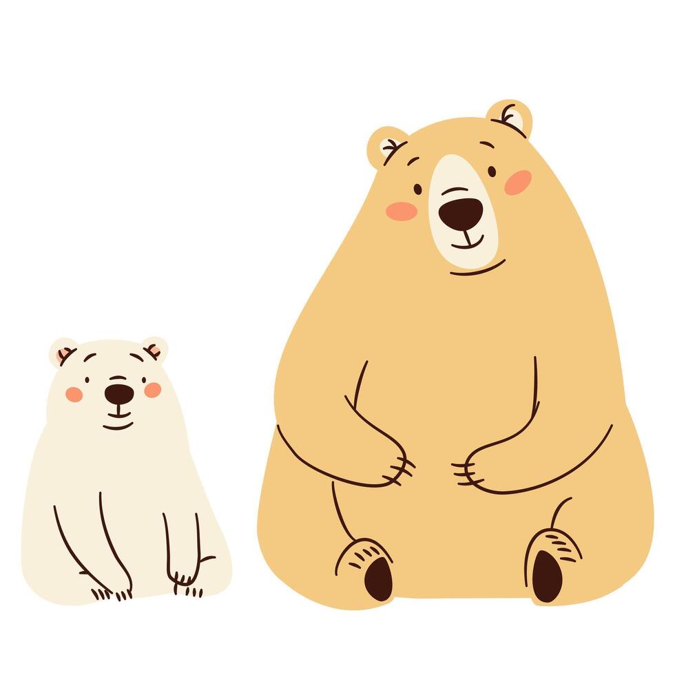 Set of flat illustrations in a simple children's style. Cute bear and her cub bear on white background. Forest animals and their cubs. vector