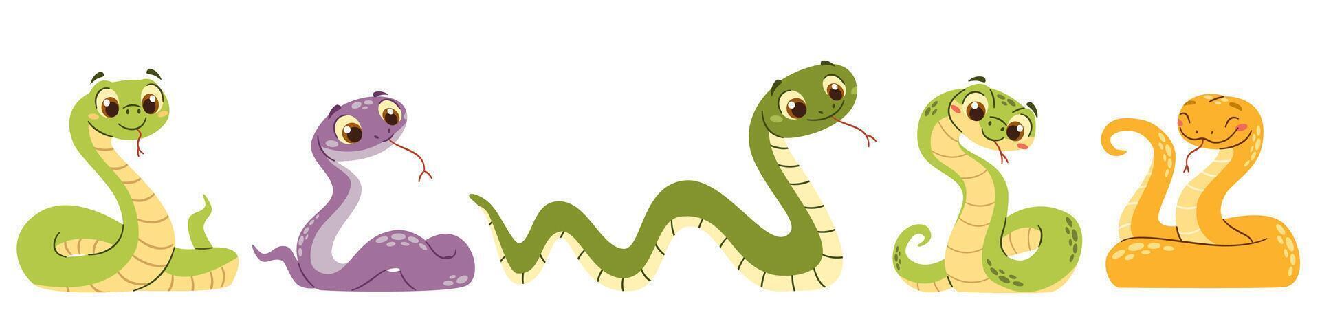 Set of flat illustrations in a simple children's style. Cute snakes in different colors and in different poses on a white background vector