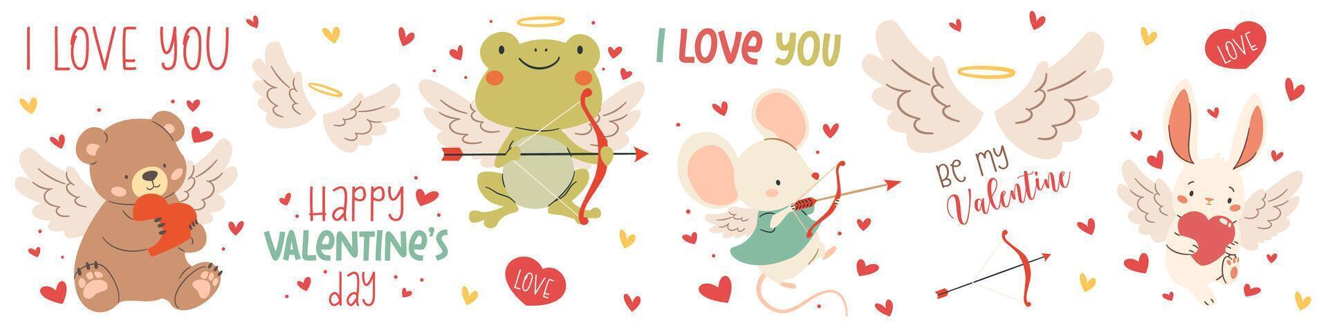 Set of illustrations for Valentine's Day. Cute cupids bear frog crocodile mouse dinosaur and hare, animals with wings and hearts, valentine's day inscriptions vector