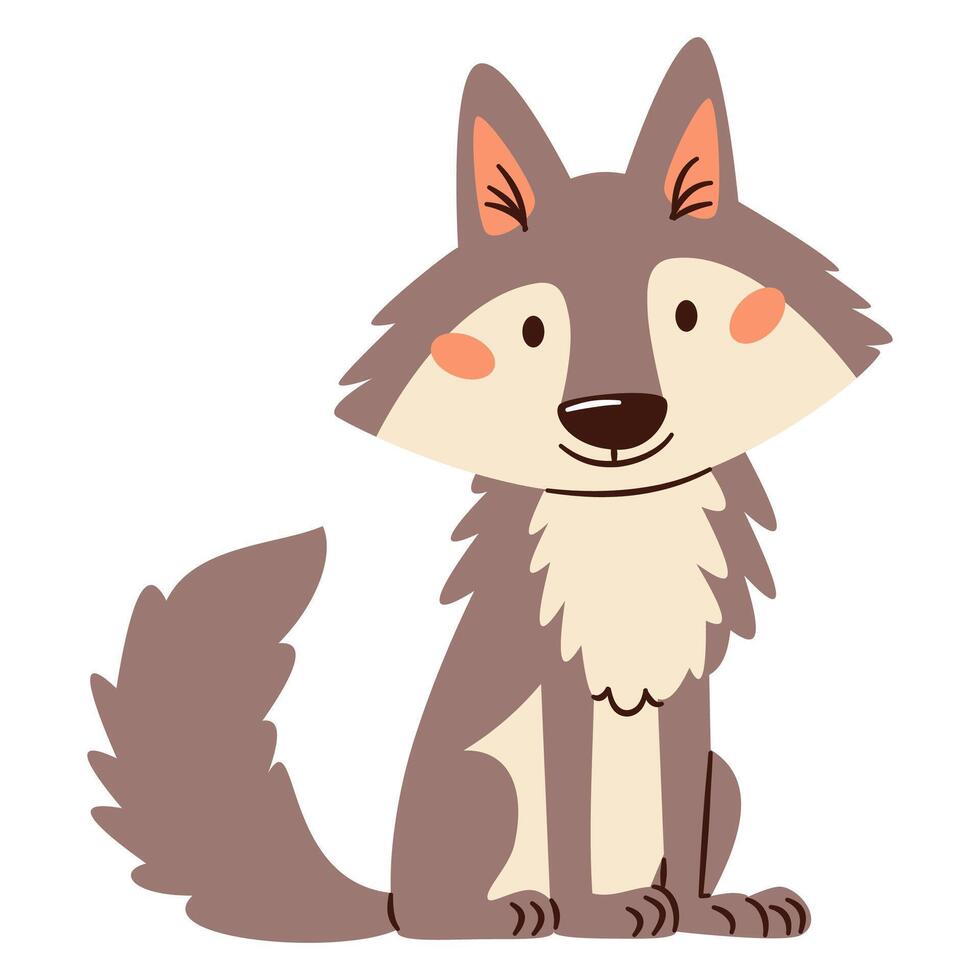 Flat illustration in a simple children's style. Cute wolf on white background vector