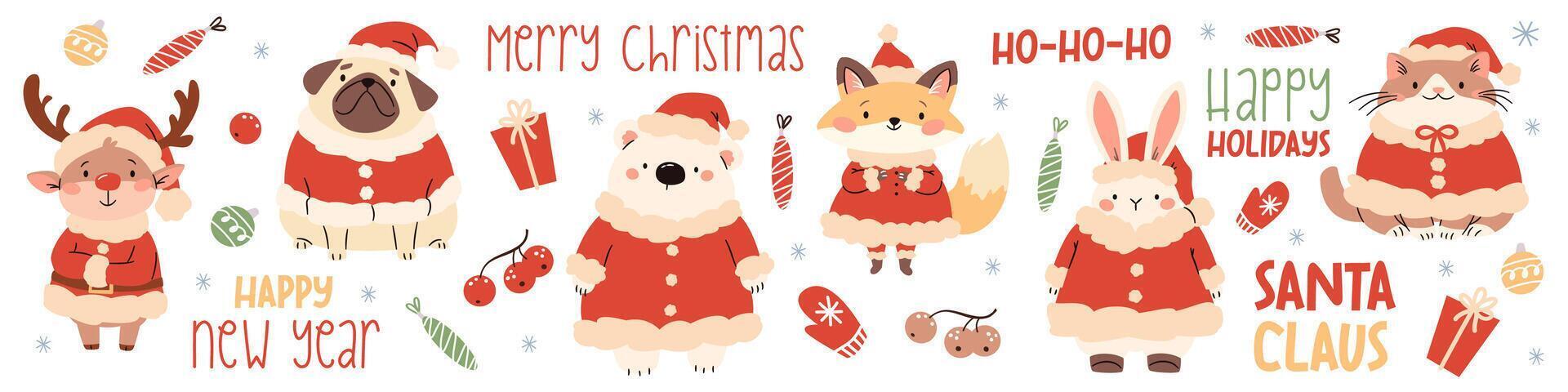 A set of flat illustrations in children's style with Christmas theme. Cute animals in Santa Claus costume, reindeer pug hare hare fox bear cat on white background, christmas lettering vector
