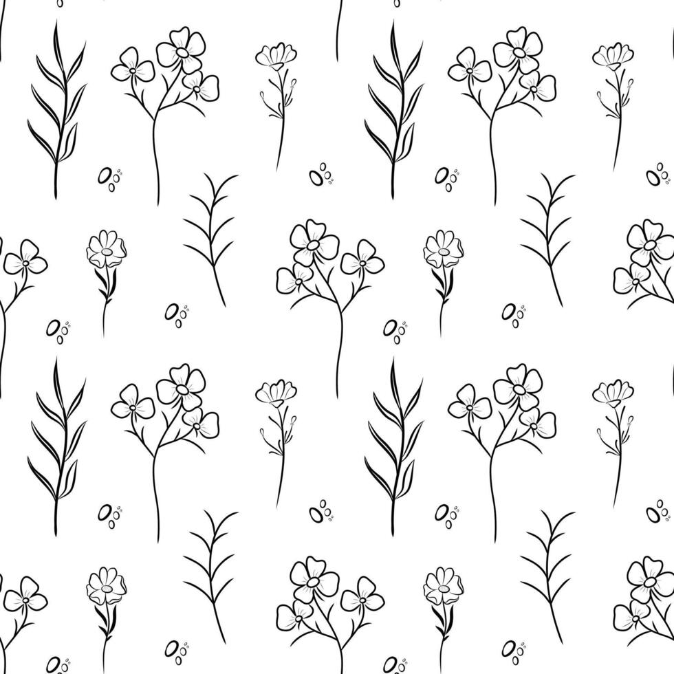 Floral seamless pattern. Black and white doodle illustration on white background, flowers and twigs vector