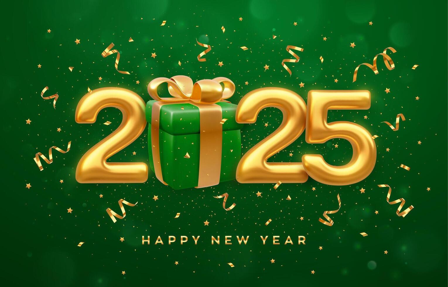 Happy New 2025 Year. Golden metallic luxury numbers 2025 with blue gift box with golden bow on green background. Merry Christmas and Happy New Year 2025 greeting card. vector