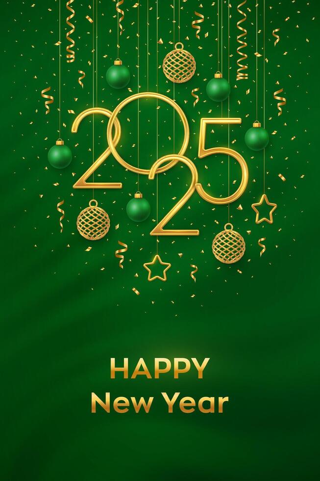 Happy New Year 2025. Hanging Golden metallic numbers 2025 with shining 3D metallic stars, balls and confetti on green background. New Year greeting card, banner template. Realistic. vector