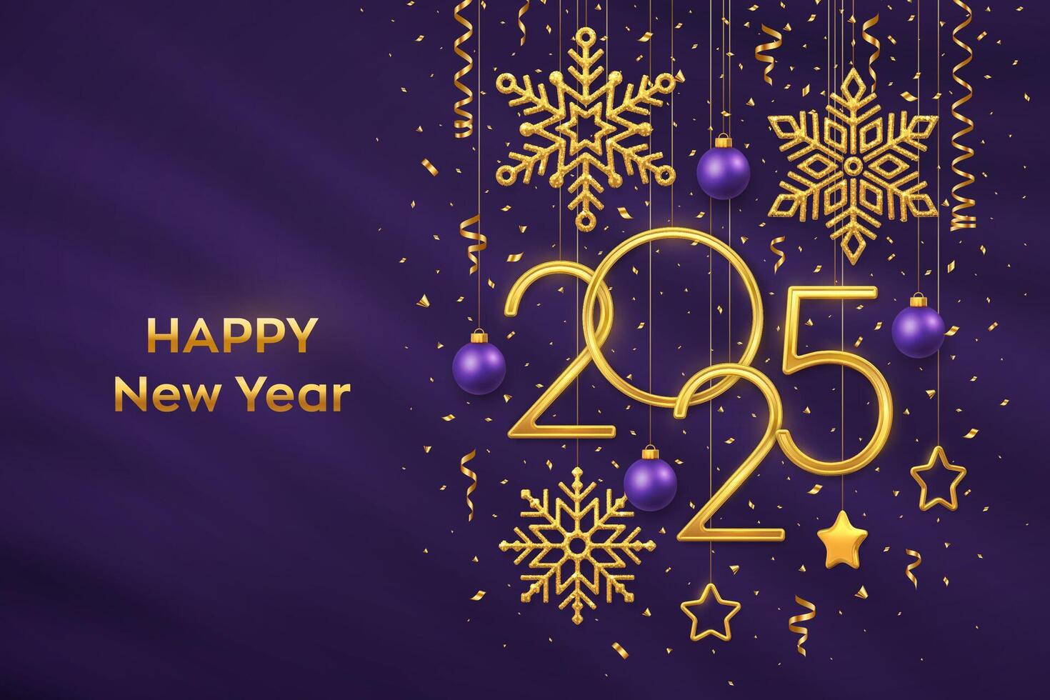 Happy New Year 2025. Hanging Golden metallic numbers 2025 with shining snowflakes, 3D metallic stars, balls and confetti on purple background. New Year greeting card or banner template. vector