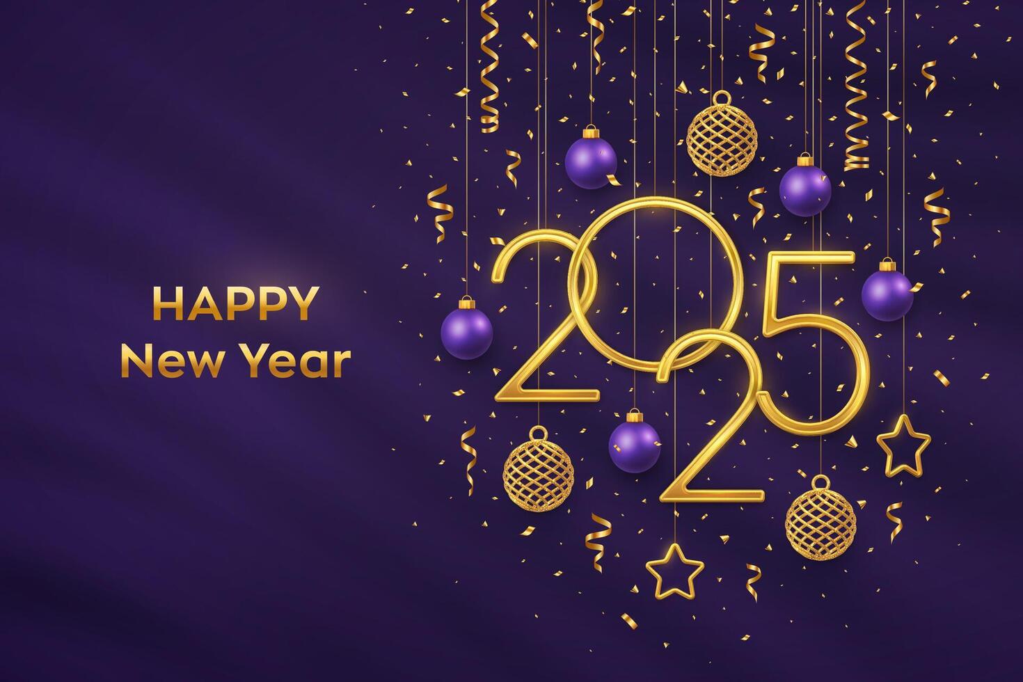 Happy New Year 2025. Hanging Golden metallic numbers 2025 with shining 3D metallic stars, balls and confetti on purple background. New Year greeting card, banner template. vector