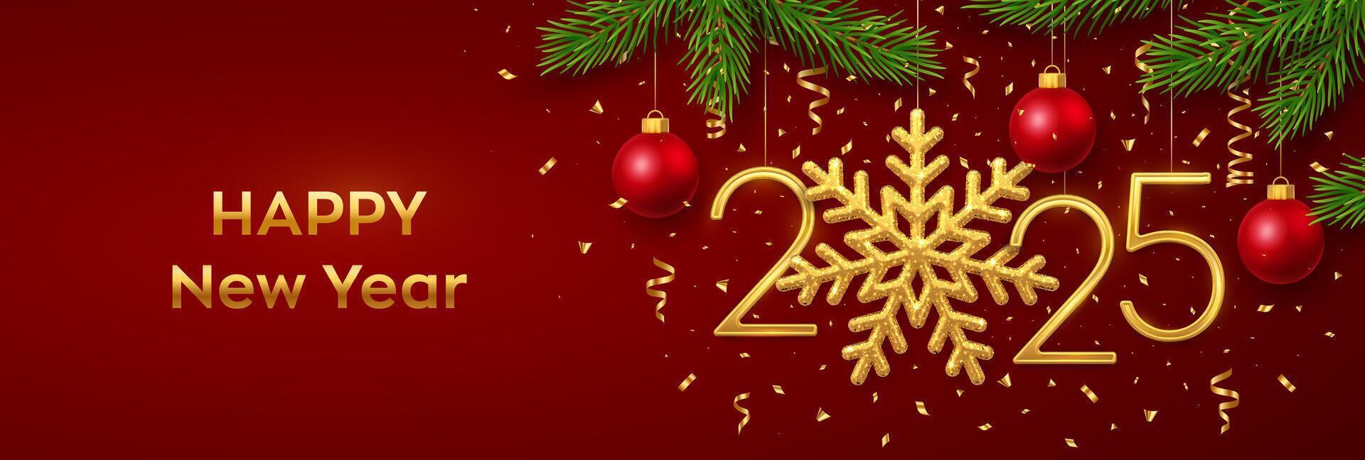 Happy New Year 2025. Hanging Golden metallic numbers 2025 with snowflake, balls, pine branches and confetti on red background. New Year greeting card or banner template. Holiday decoration. vector