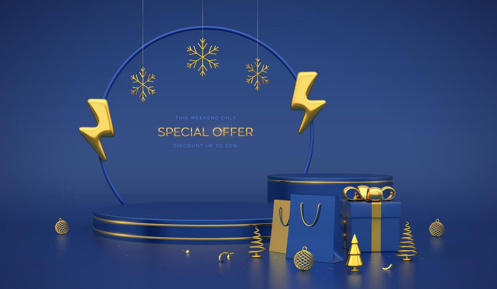 Christmas sale banner. Blue Stage podium with gold lightning bolt and snowflakes. Gift box with gold bow, shopping bags, trees. New Year, Christmas sale special offer. Flash sale. vector