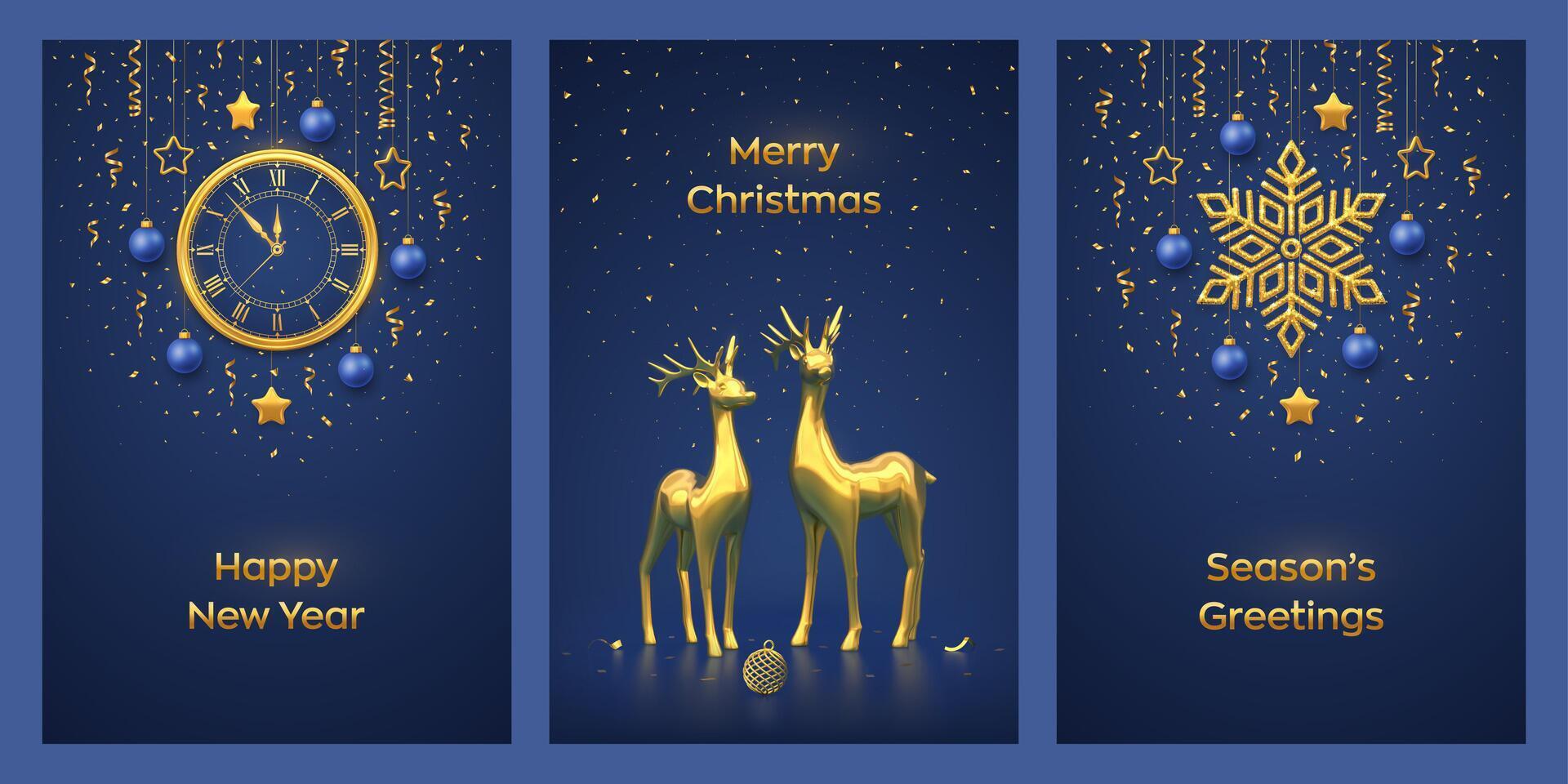 Christmas card set. Watch with Roman numeral and countdown midnight, eve for New Year. Reindeers, gold shining snowflake, ball. Hanging stars, balls on blue background. vector