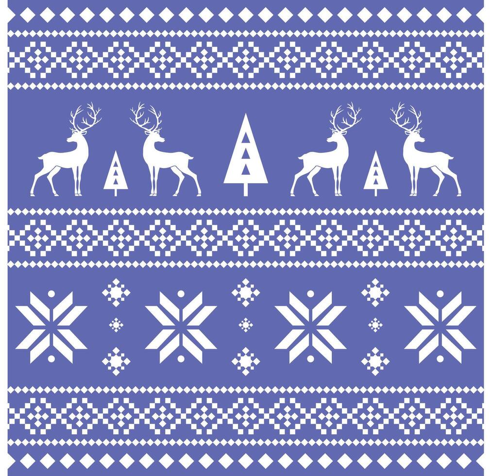 Pattern with nordic winter ornament with reindeer and snowflakes on dark blue background vector