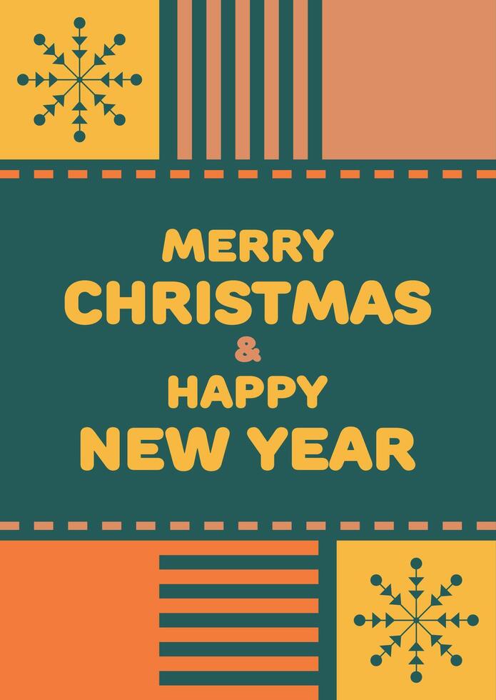 Christmas and new year postcard design with yellow and orange elements on a green background vector