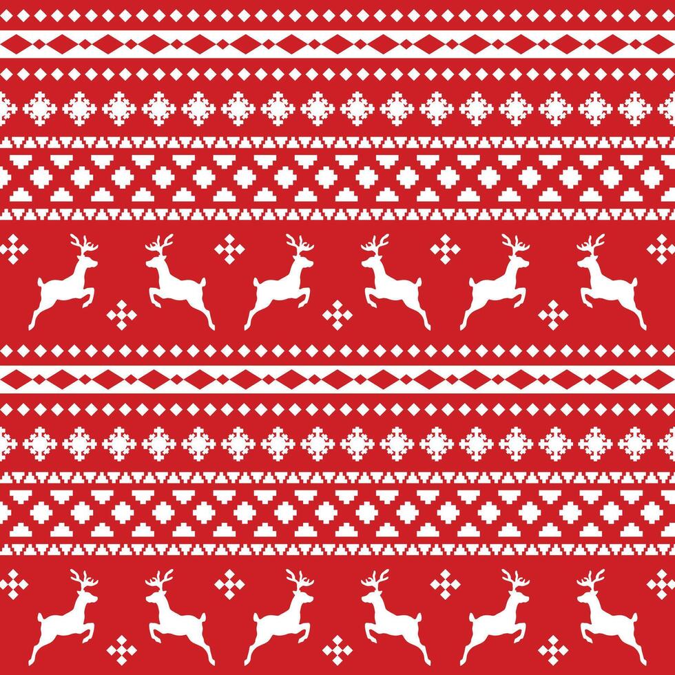 Pattern with nordic winter ornament with reindeer and snowflakes on red background vector