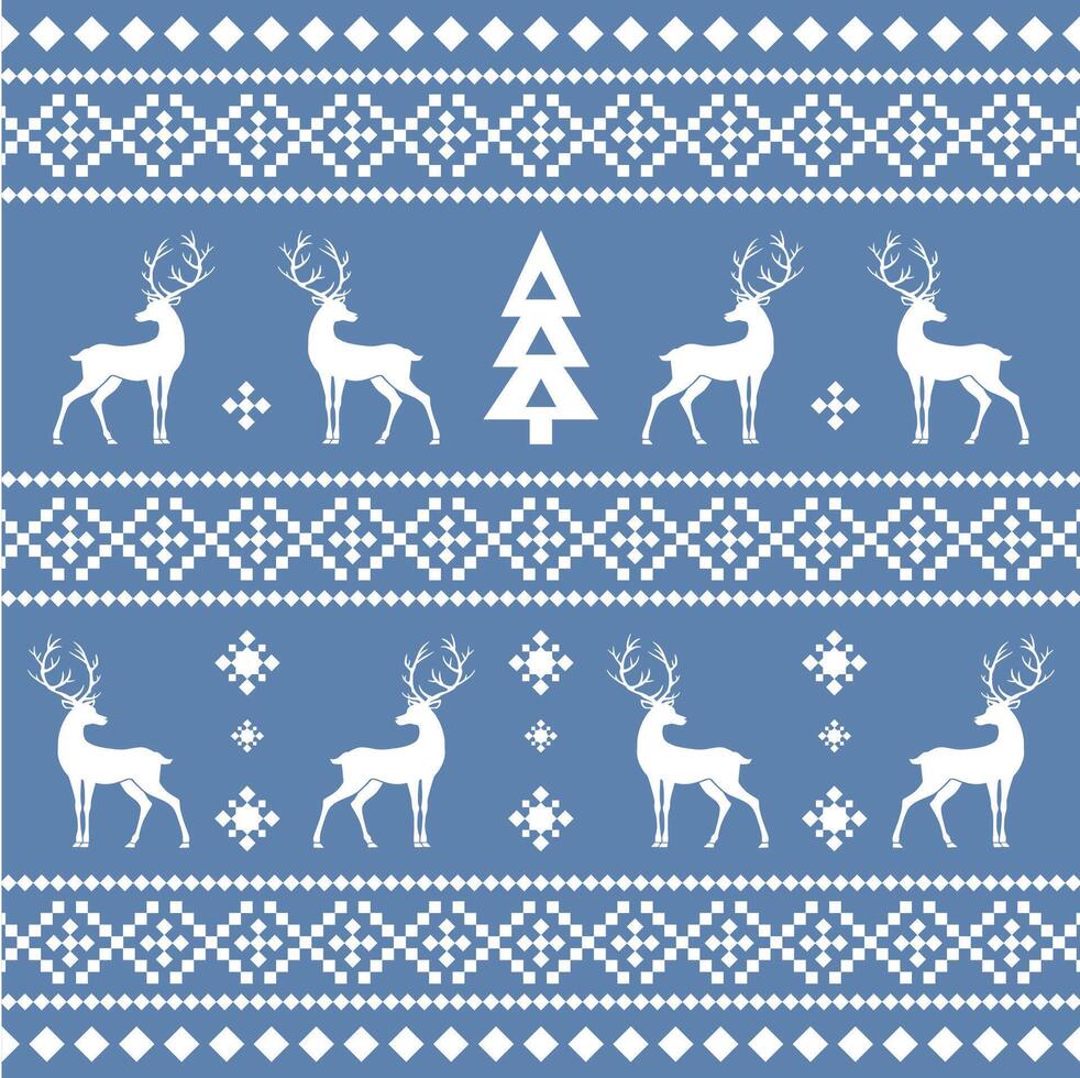 Pattern with nordic winter ornament with reindeer and snowflakes on blue background vector