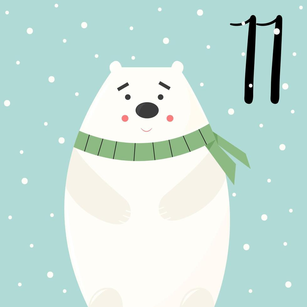 Christmas advent calendar with cute polar bear character and snowfall. 11th of december day. flat illustration vector