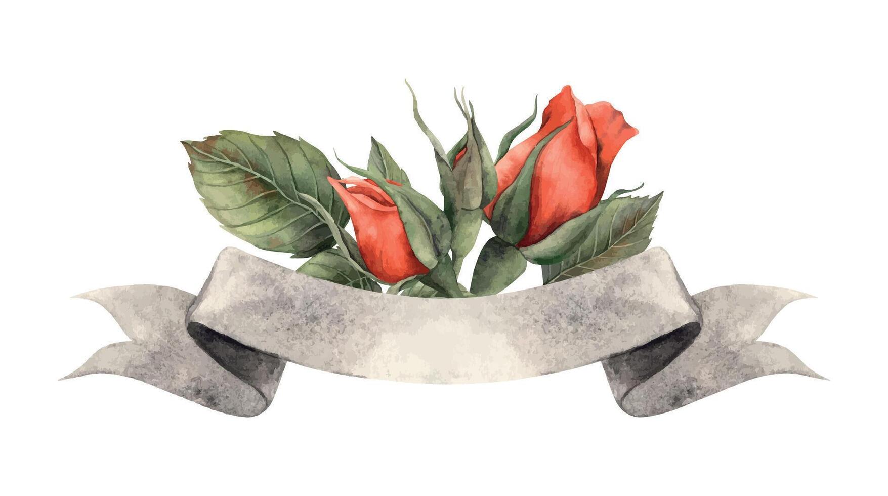 Ribbon banner element with space for text, red realistic roses and green leaves. Watercolor hand drawn illustration for wedding design, Valentine's Day, anniversary, birthday, cards, posters, banner. vector
