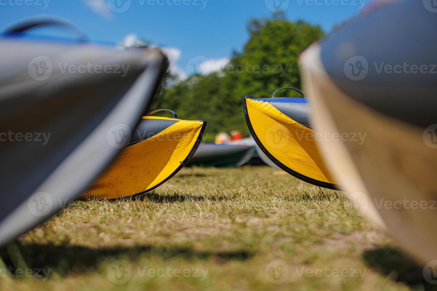 Colorful kayaks rest on a sunlit green lawn, inviting adventure and exploration while contrasting with the vibrant hues of nature. photo