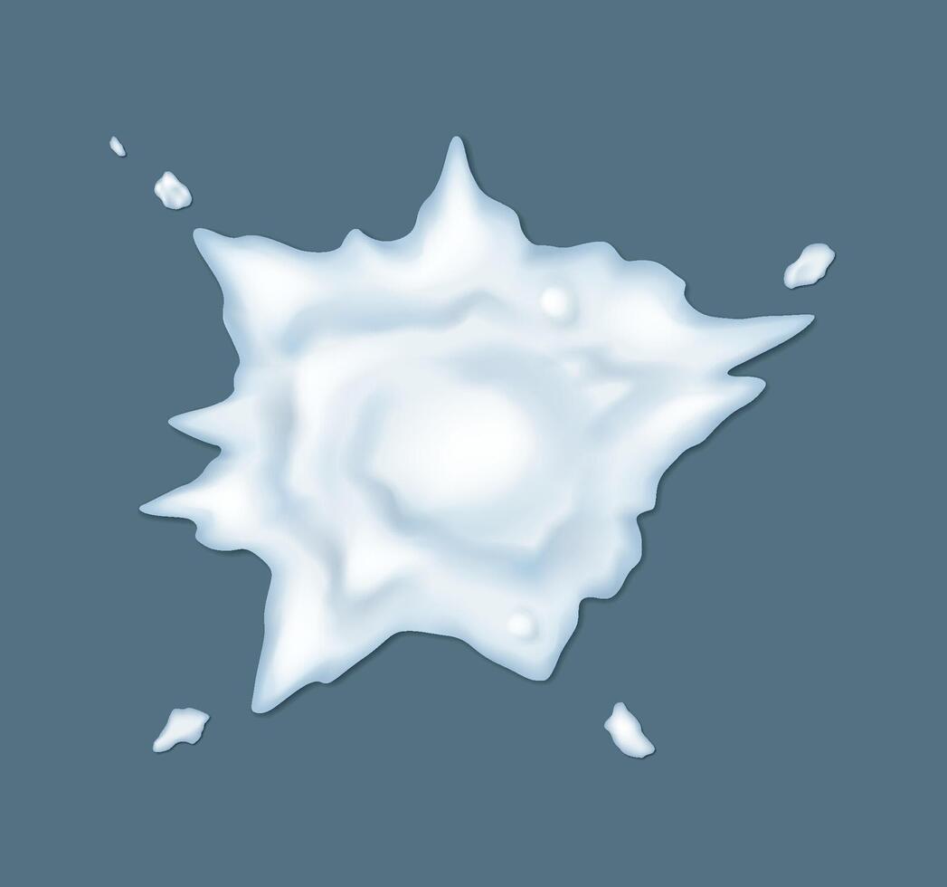 Frozen snowball splat with ice crimps realistic illustration. Winter holiday funny snow fight 3d object on blue-grey background vector