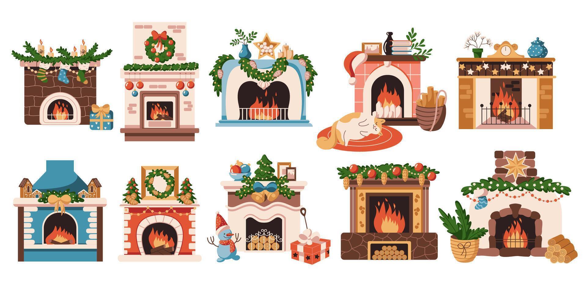 Burning Christmas fireplaces flat color objects set. Cozy winter holiday atmosphere at home illustrations bundle on white background vector