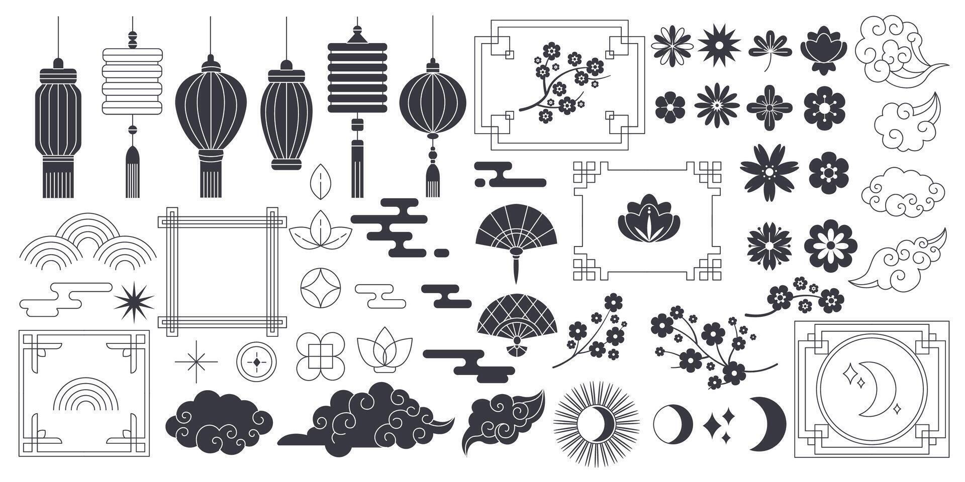 Chinese culture symbols and frames linear glyph icons collection. Traditional Asian decorative ornaments objects set on white background vector
