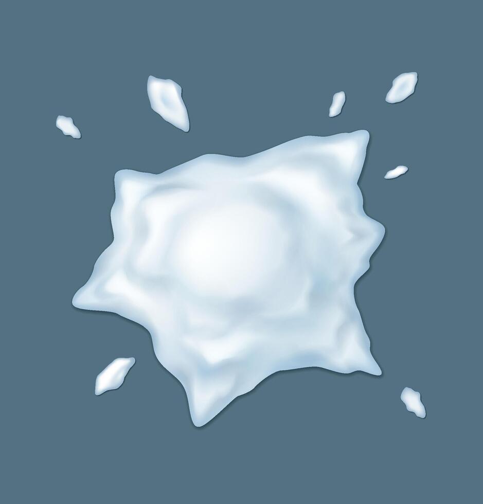 Fallen snowball blot with ice drops realistic illustration. Ice ball game. Christmas holiday snow fight 3d object on grey background vector