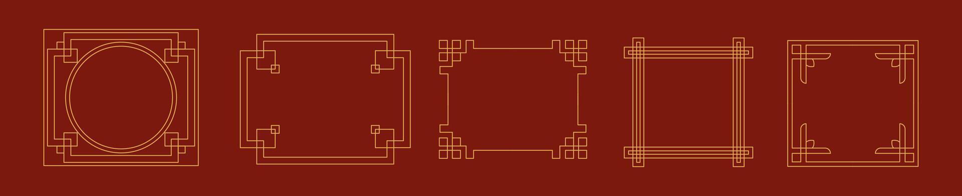 Frames in traditional Chinese style linear icons collection. Intricate decorative borders with Asian patterns objects set on red background vector