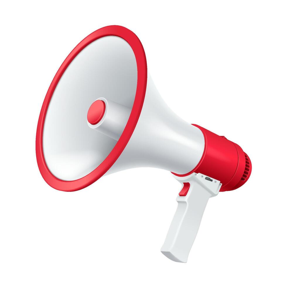 Modern bullhorn device upward realistic illustration. Megaphone loud audio messages to audience 3d model on white background vector