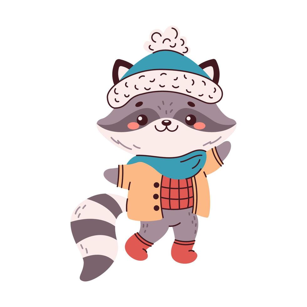 Funny raccoon in winter outfit flat color character. Lovely animal in knitted hat and jacket illustration on white background vector