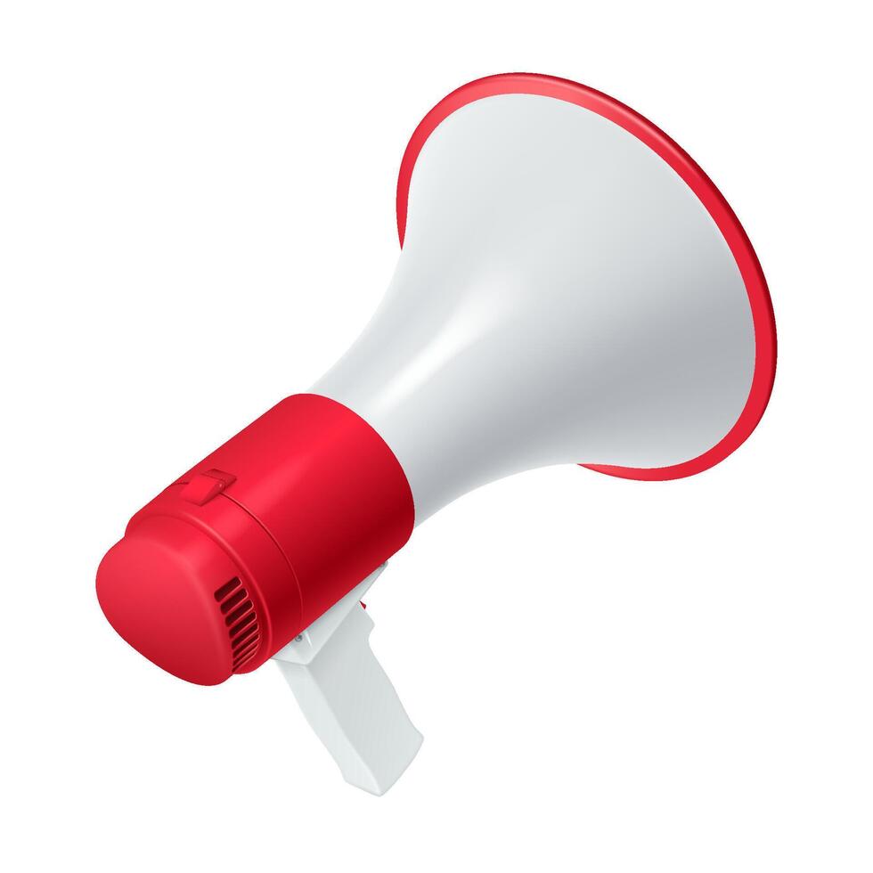 Loudspeaker audio messages back three-quarter view realistic illustration. Public communication bullhorn 3d model on white background vector