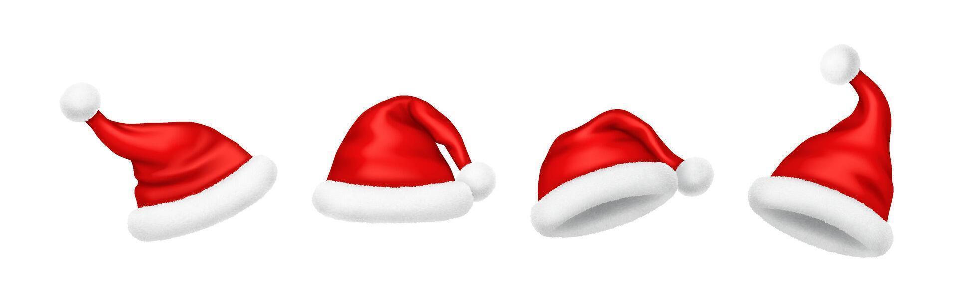 Cute red Santa hats with fluffy pompoms realistic illustration set. Celebrating Christmas holiday 3d models on white background vector