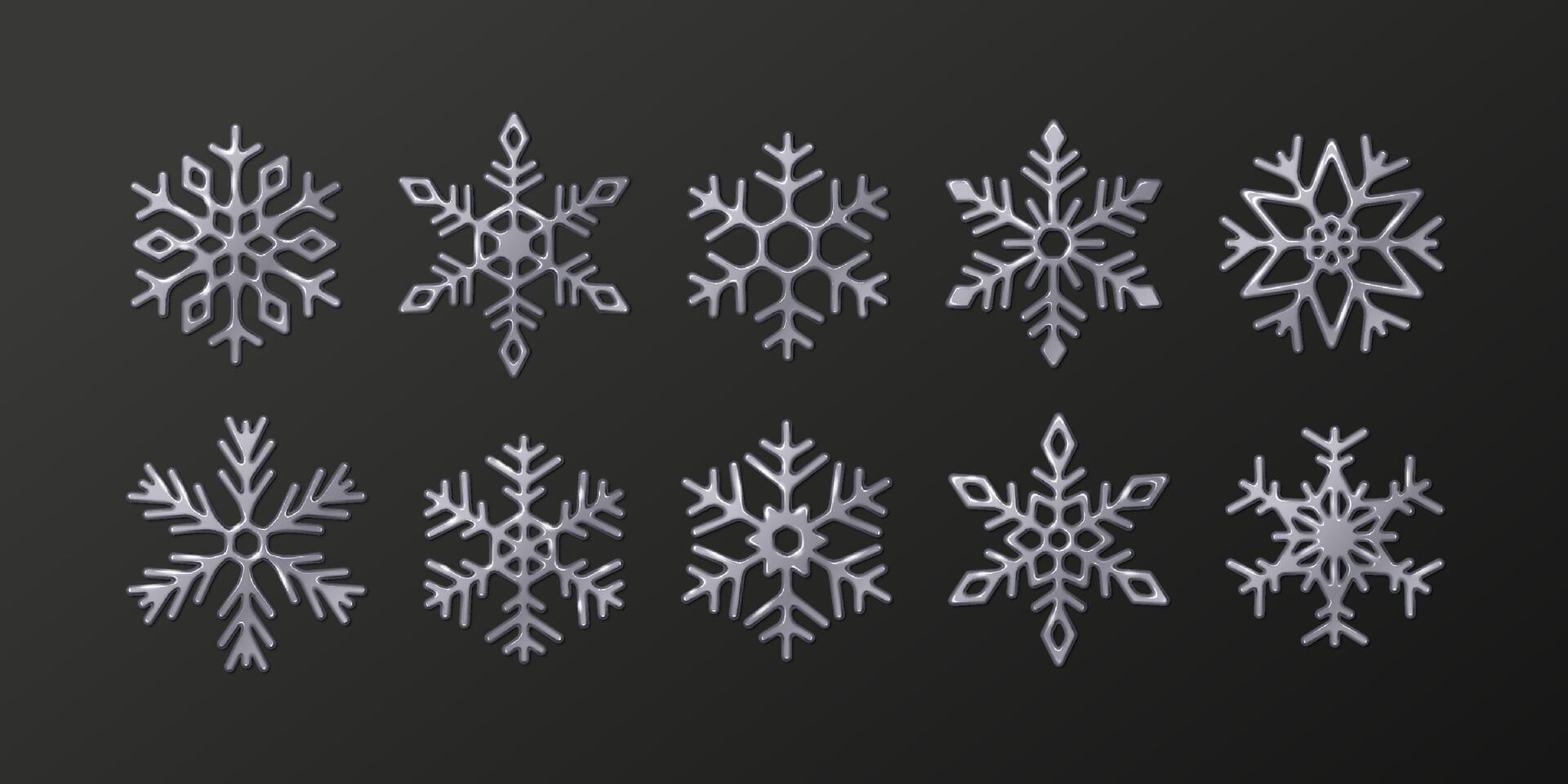 Silver snowflakes with various shapes realistic color icons. Festive elegant winter season design element 3d objects bundle on black background vector